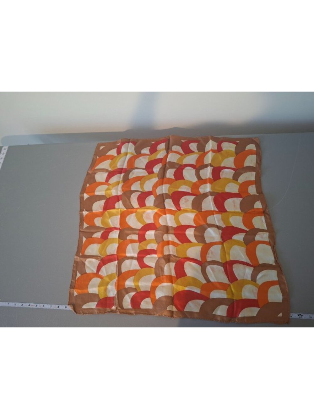 Vintage 70s Geometric Silk Scarf Orange Brown Yellow Mod MCM Retro 36x25